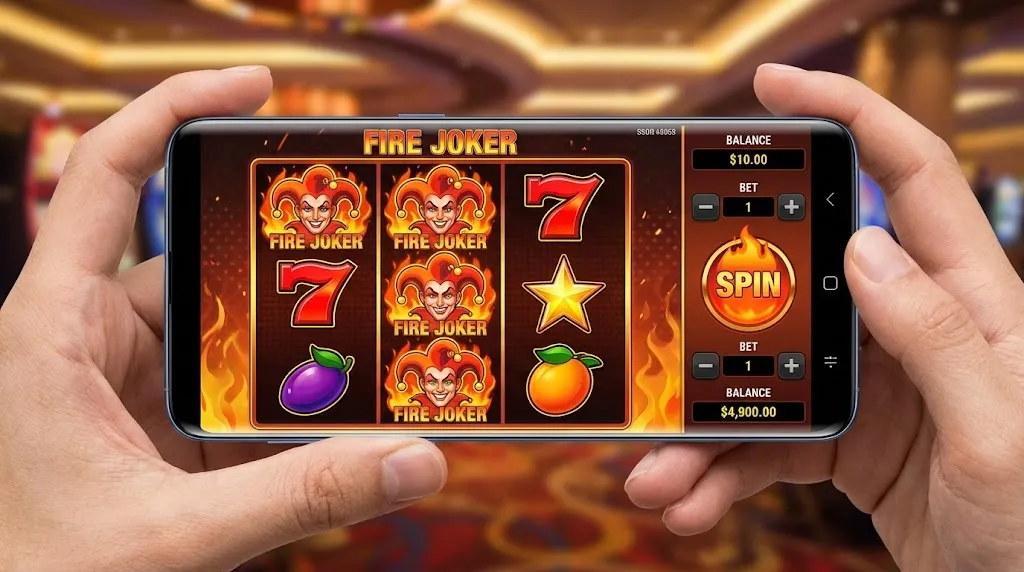 Fire Joker slot interface — 3×3 reel grid with stacked fruit symbols in free demo mode
