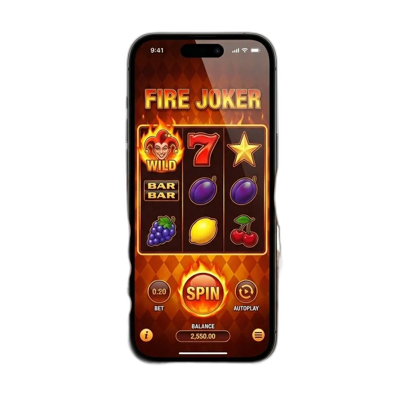 Fire Joker mobile portrait UI — HTML5 slot running in Safari on iPhone