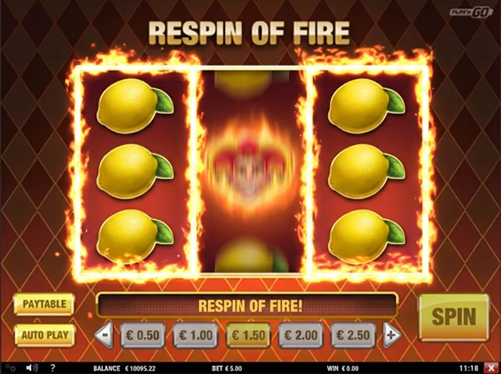 Flaming Re-spins activating on two matched reels — practice this trigger in the free simulator